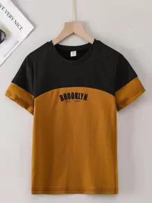 SHEIN Mirajuku Toddler Boys (Plus Size) City Letter Print Colorblock Round Neck Casual T-Shirt, Spring/Summer - Multicolor - View 7