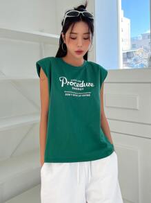 DAZY Slogan Graphic Shoulder Pad Tank Top SINCE 1998 Procedure ENERGY Sincere Blessings & Warm Greetings DON'T GIVE UP TRYING - Green - View 3