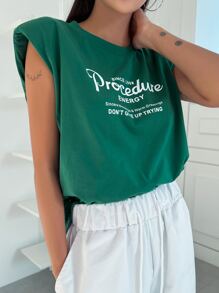 DAZY Slogan Graphic Shoulder Pad Tank Top SINCE 1998 Procedure ENERGY Sincere Blessings & Warm Greetings DON'T GIVE UP TRYING - Green - View 4