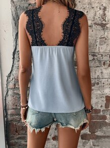 SHEIN LUNE Contrast Lace Cami Tank Top - Dusty Blue - View 2