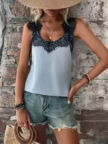 SHEIN LUNE Contrast Lace Cami Tank Top - Dusty Blue - View 4