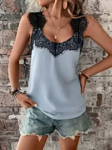 SHEIN LUNE Contrast Lace Cami Tank Top - Dusty Blue - View 5