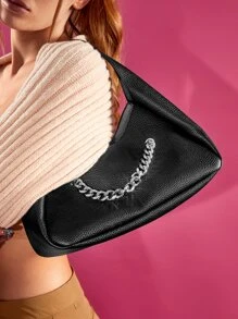 SHEIN ICON Túi vai Chuỗi Thùa khuyết màu trơn Đúng mốt - màu đen - Xem 1