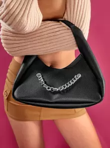 SHEIN ICON Túi vai Chuỗi Thùa khuyết màu trơn Đúng mốt - màu đen - Xem 2