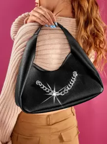 SHEIN ICON Túi vai Chuỗi Thùa khuyết màu trơn Đúng mốt - màu đen - Xem 5