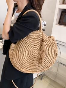 Geantă de paie cu decorare mărgele și ciucuri - Kaki - Vizualizare 1