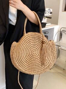 Geantă de paie cu decorare mărgele și ciucuri - Kaki - Vizualizare 2