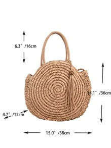 Geantă de paie cu decorare mărgele și ciucuri - Kaki - Vizualizare 3