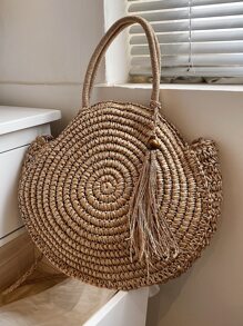 Geantă de paie cu decorare mărgele și ciucuri - Kaki - Vizualizare 5