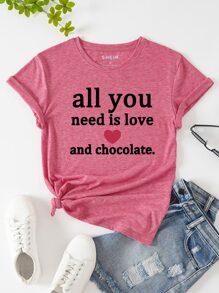 SHEIN LUNE Heart & Slogan Graphic Tee - Pink - View 1