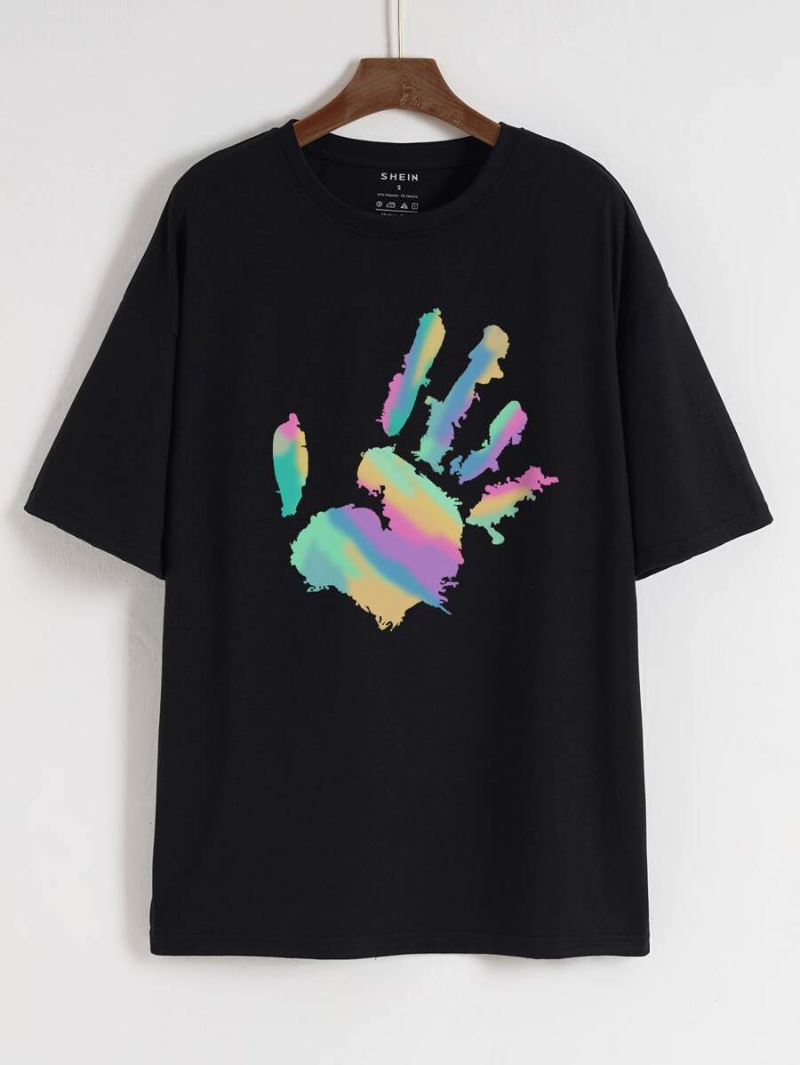 SHEIN EZwear Palm Print Drop Shoulder Tee - Black - View 1