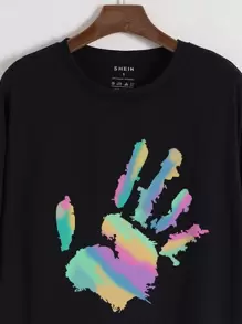 SHEIN EZwear Palm Print Drop Shoulder Tee - Black - View 4