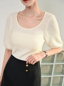 DAZY Solid Scoop Neck Knit Top - Apricot - View 8