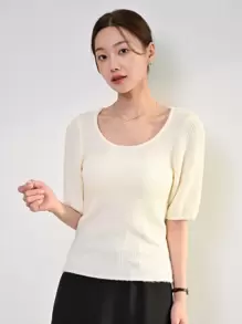 DAZY Solid Scoop Neck Knit Top - Apricot - View 4