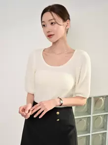 DAZY Solid Scoop Neck Knit Top - Apricot - View 6