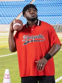 Manfinity Men Plus Letter Graphic Striped Trim Polo Shirt - Red - View 1