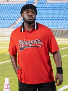 Manfinity Men Plus Letter Graphic Striped Trim Polo Shirt - Red - View 3