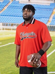 Manfinity Men Plus Letter Graphic Striped Trim Polo Shirt - Red - View 4