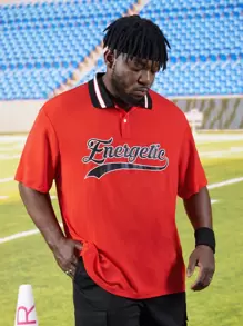 Manfinity Men Plus Letter Graphic Striped Trim Polo Shirt - Red - View 5