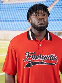 Manfinity Men Plus Letter Graphic Striped Trim Polo Shirt - Red - View 7