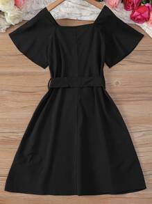 SHEIN 女孩拼接幾何織帶蝴蝶袖繫腰帶連衣裙 - 黑色 - 查看 2