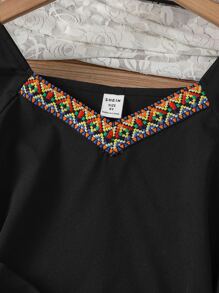 SHEIN 女孩拼接幾何織帶蝴蝶袖繫腰帶連衣裙 - 黑色 - 查看 6