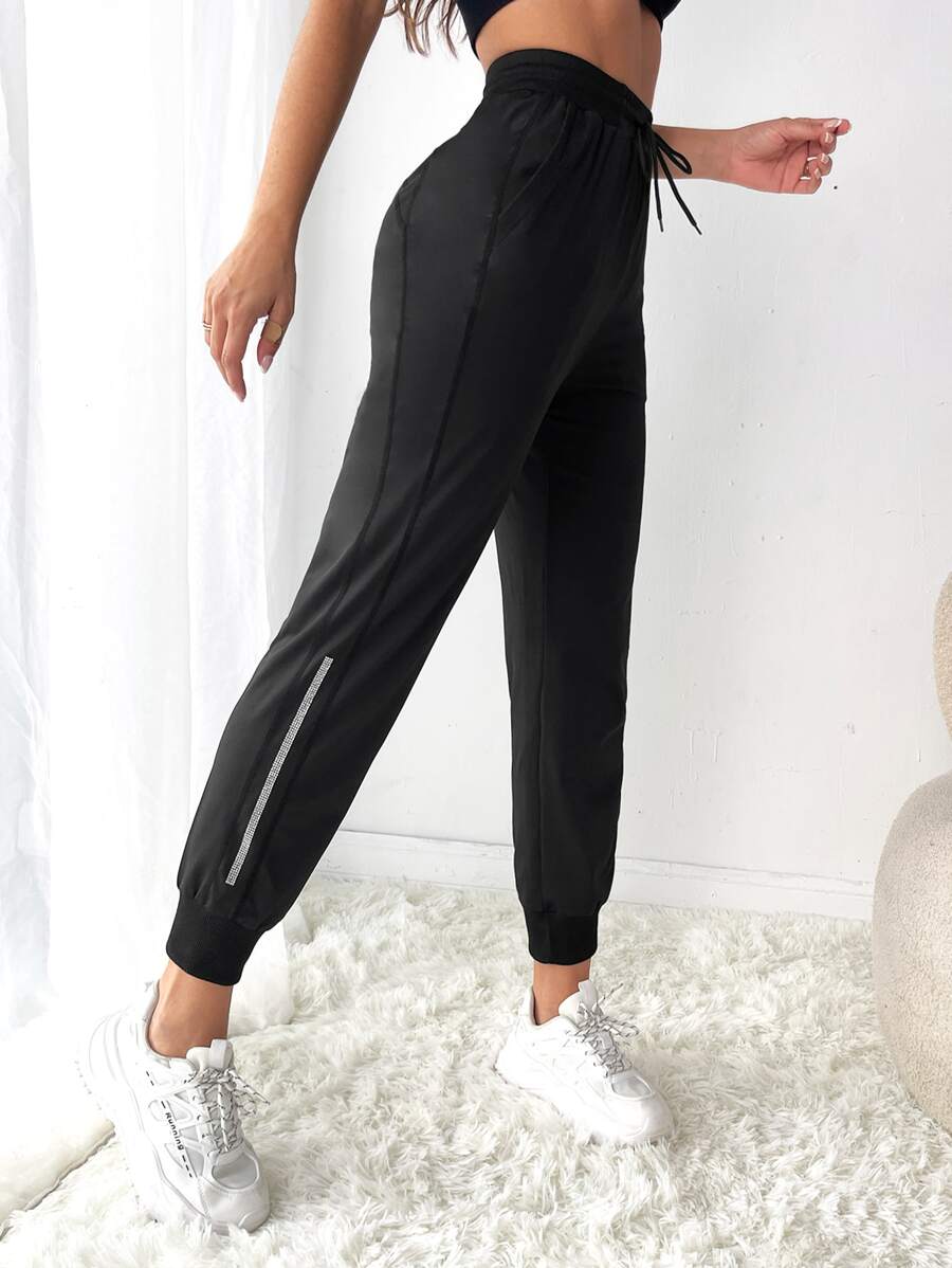 Easithlete Pantalones deportivos con diseño de diamante de imitación de cintura con cordón - Negro - Ver 1