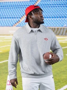 Manfinity Men Plus Letter Graphic Quarter Zip Sweatshirt - Light Grey - View 6