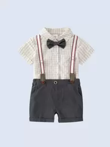 Baby Boy Plaid Bow Front Shirt & Suspender Shorts