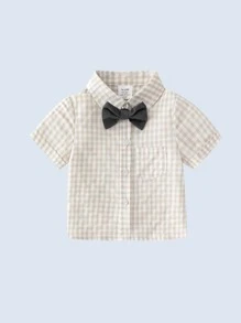 Baby Boy Plaid Bow Front Shirt & Suspender Shorts
