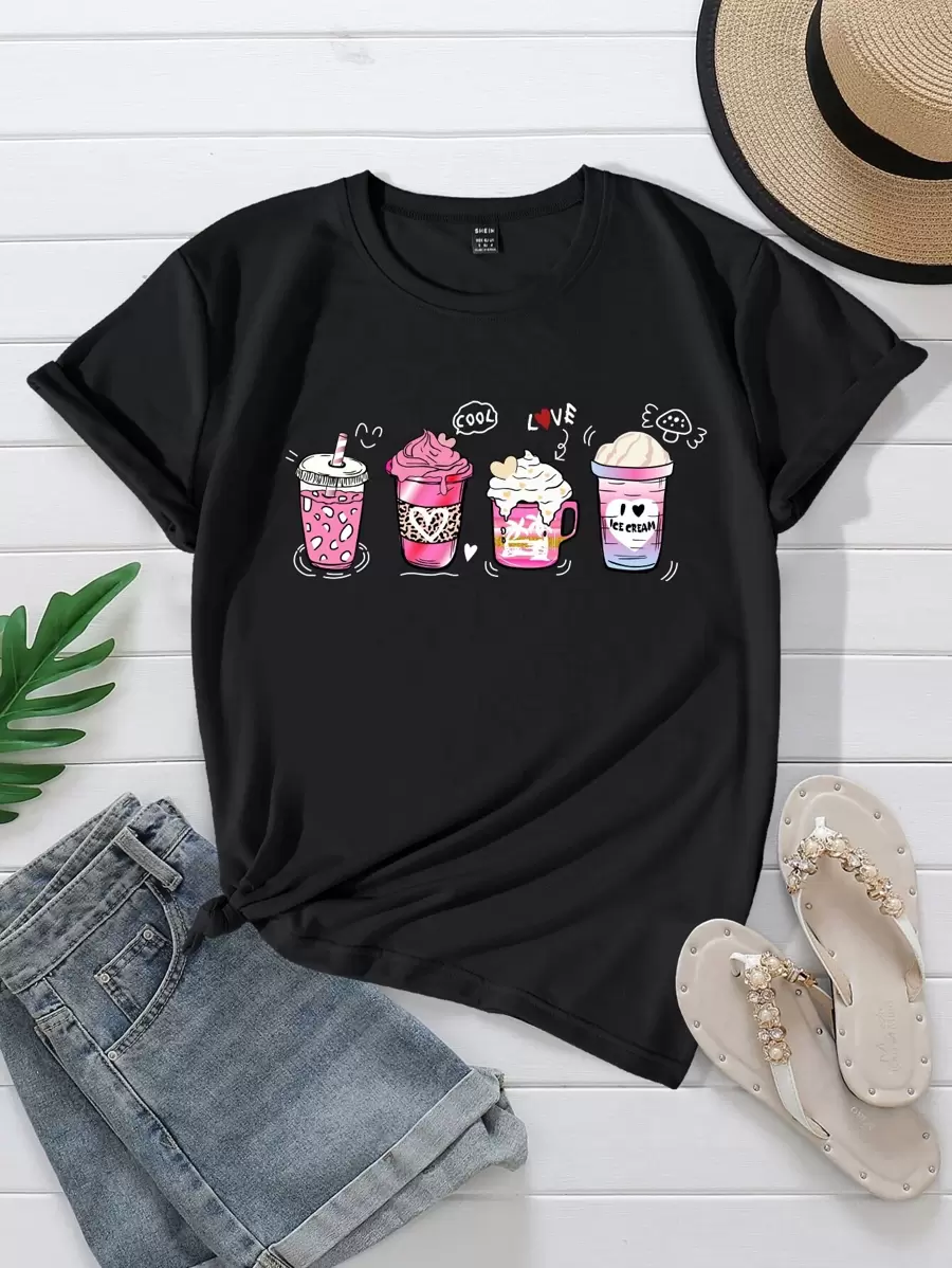 SHEIN Unity 1入組卡通和字母圖案T恤 - 黑色 - 查看 1