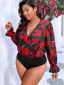 Calvaya Plus Floral Print Flounce Sleeve Bodysuit - Multicolor - View 3