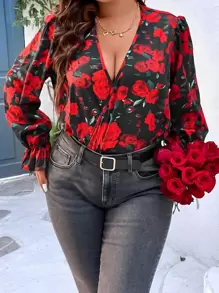 Calvaya Plus Floral Print Flounce Sleeve Bodysuit - Multicolor - View 4