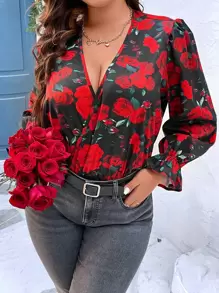 Calvaya Plus Floral Print Flounce Sleeve Bodysuit - Multicolor - View 6