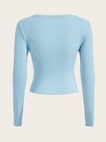 ROMWE 纯色对比蕾丝蝴蝶结装饰罗纹 T 恤，学校 - 淺藍色 - 查看 3