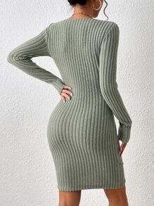 SHEIN Frenchy Surplice Neck Ribbed Knit Bodycon Dress - Green - View 2