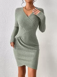 SHEIN Frenchy Surplice Neck Ribbed Knit Bodycon Dress - Green - View 4