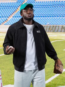 Manfinity Men Plus Letter Graphic Corduroy Jacket, For Fall Winter - Black - View 2