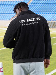 Manfinity Men Plus Letter Graphic Corduroy Jacket, For Fall Winter - Black - View 5