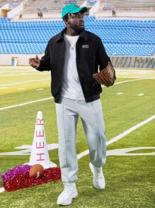 Manfinity Men Plus Letter Graphic Corduroy Jacket, For Fall Winter - Black - View 7