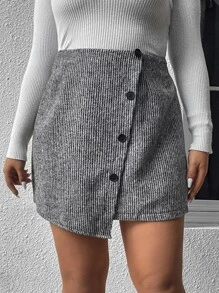 Celure Plus High Waist Button Front Asymmetrical Hem Skirt - Black and White - View 5