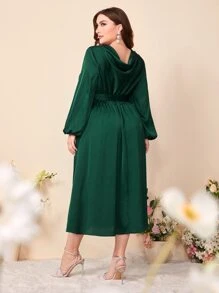 Modelyn Plus Draped Back Lantern Sleeve Dress - Dark Green - View 2