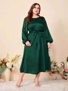 Modelyn Plus Draped Back Lantern Sleeve Dress - Dark Green - View 3