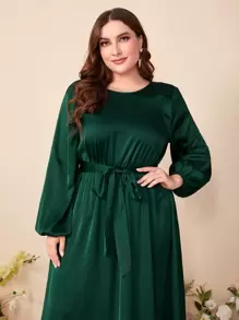 Modelyn Plus Draped Back Lantern Sleeve Dress - Dark Green - View 4