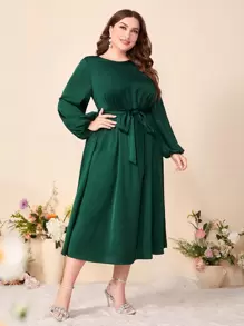 Modelyn Plus Draped Back Lantern Sleeve Dress - Dark Green - View 1
