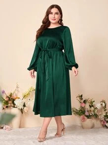 Modelyn Plus Draped Back Lantern Sleeve Dress - Dark Green - View 5