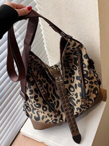 Leopard Pattern Studded Decor Hobo Bag for Women, Rookies & White-collar Workers - Multicolor - View 1