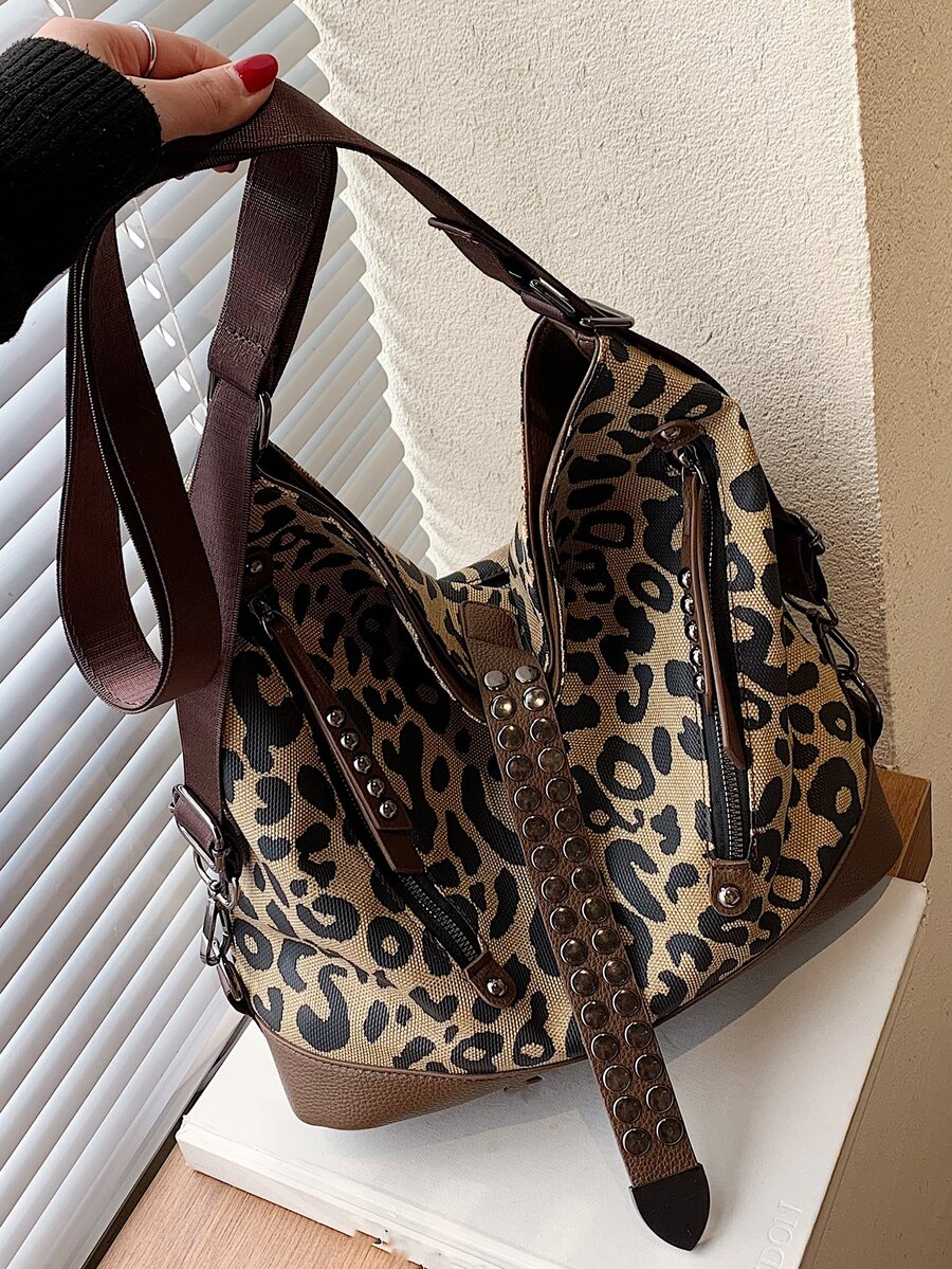 Leopard Pattern Studded Decor Hobo Bag for Women, Rookies & White-collar Workers - Multicolor - View 1