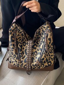 Leopard Pattern Studded Decor Hobo Bag for Women, Rookies & White-collar Workers - Multicolor - View 2