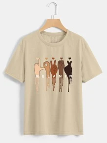 SHEIN EZwear 手和字母圖案T恤 - 米色 - 查看 1